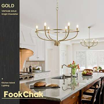FookChak 6 Light Gold Chandelier, Brushed Gold Light Fixture Dining Table Candle Brass Chandelier Lighting for Bedroom Hallway Entryway Living Room Kitchen 28.5in