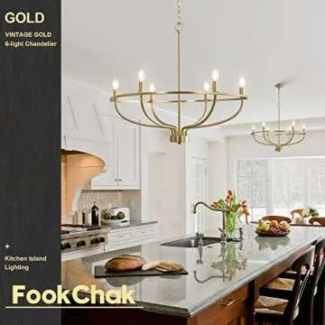 FookChak 6 Light Gold Chandelier, Brushed Gold Light Fixture Dining Table Candle Brass Chandelier Lighting for Bedroom Hallway Entryway Living Room Kitchen 28.5in