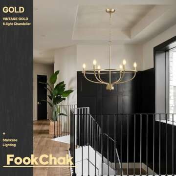 FookChak 6 Light Gold Chandelier, Brushed Gold Light Fixture Dining Table Candle Brass Chandelier Lighting for Bedroom Hallway Entryway Living Room Kitchen 28.5in