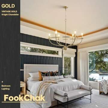 FookChak 6 Light Gold Chandelier, Brushed Gold Light Fixture Dining Table Candle Brass Chandelier Lighting for Bedroom Hallway Entryway Living Room Kitchen 28.5in