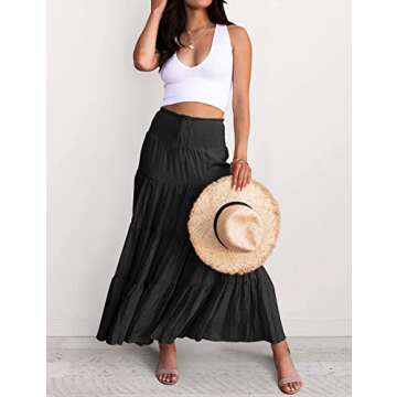 HAEOF Women's Summer Flowy Boho Maxi Skirt Casual Drawstring Elastic High Waist Pleated Tiered A Lin...