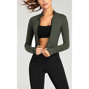 Lviefent Womens Lightweight Full Zip Running Track Jacket Workout Slim Fit Yoga Sportwear with Thumb Holes (Army Green, Small)