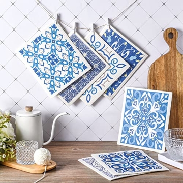WILLBOND 9 Pieces Blue Style Swedish Kitchen Dishcloths Reusable