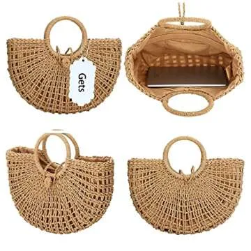 Gets Handwoven Round Straw Rattan Bag Summer Beach Handbag for Women