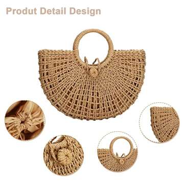 Gets Handwoven Round Straw Rattan Bag Summer Beach Handbag for Women