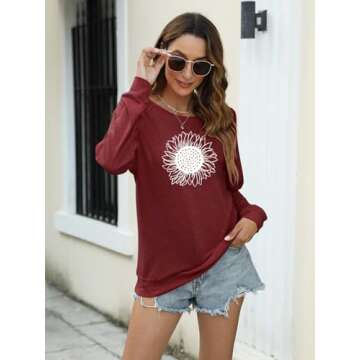 EADINVE Womens Crewneck Sweatshirt Sunflower Graphic Printed Raglan Tunic Long Sleeve Casual Pullover Novelty Cool Tops