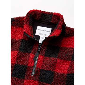 Amazon Essentials Boys' Polar Fleece Lined Sherpa Quarter-Zip Jacket, Black Red Exploded Buffalo Check, Small