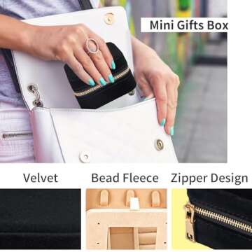 Travel Velvet Jewelry Box with Mirror, Mini Gifts Case for Women Girls, Small Portable Organizer Boxes for Rings Earrings Necklaces Bracelets (Black)