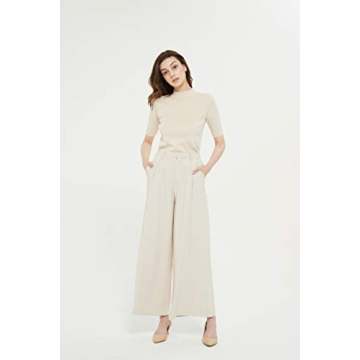 Tronjori Women High Waist Casual Wide Leg Long Palazzo Pants Trousers Regular Size(S,Summer Beige)