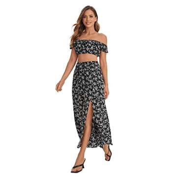 Floerns Women's Two Piece Outfit Floral Crop Top and Split Long Skirt Set