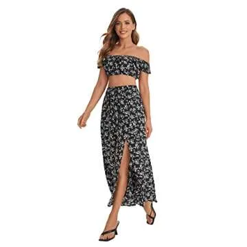 Floerns Women's Two Piece Outfit Floral Crop Top and Split Long Skirt Set