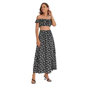 Floerns Women's Two Piece Outfit Floral Crop Top and Split Long Skirt Set