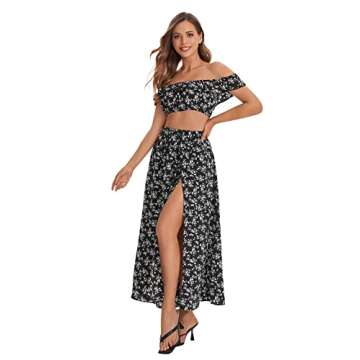Floerns Women's Two Piece Outfit Floral Crop Top and Split Long Skirt Set