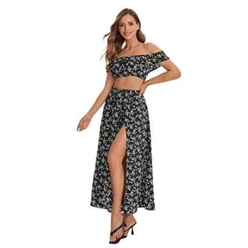 Floerns Women's Two Piece Outfit Floral Crop Top and Split Long Skirt Set