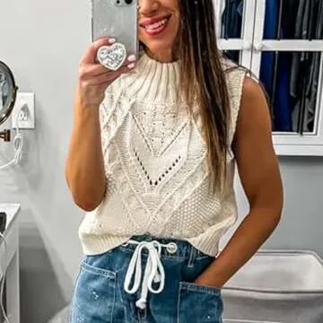 Hixiaohe Turtleneck Crochet Sweater Vest Fall Fashion Knit Sleeveless Tank Tops for Women Lightweight Casual Pullover Clothes(White,XS)