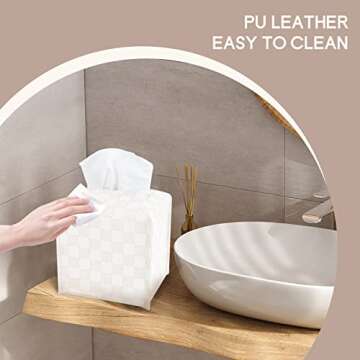 LeCorner Tissue Box Cover, Square Tissue Box Holder, PU Leather Tissue Holders Decorative, Modern Facial Paper Organizer Dispenser for Bathroom Car Office Home Neutral Decor,Grid Pattern 5x5x5''