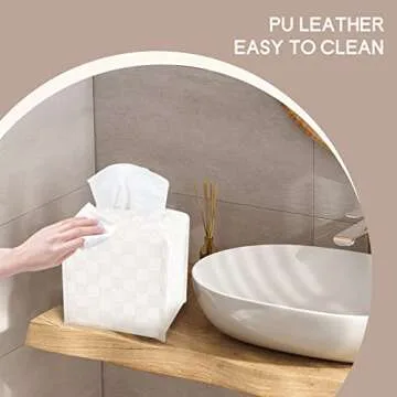 LeCorner Tissue Box Cover, Square Tissue Box Holder, PU Leather Tissue Holders Decorative, Modern Facial Paper Organizer Dispenser for Bathroom Car Office Home Neutral Decor,Grid Pattern 5x5x5''