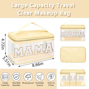 Chenille Letter Patches Clear Makeup Bags Mama Purse Pouch, Preppy Nylon Large Cosmetic Toiletry Sto...