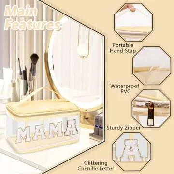 Chenille Letter Patches Clear Makeup Bags Mama Purse Pouch, Preppy Nylon Large Cosmetic Toiletry Storage Bag with Handle Zipper, Waterproof PVC Portable Makeup Travel Pouch for Women Girls(Beige-MAMA)