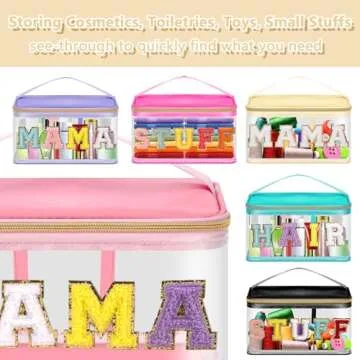 Chenille Letter Patches Clear Makeup Bags Mama Purse Pouch, Preppy Nylon Large Cosmetic Toiletry Storage Bag with Handle Zipper, Waterproof PVC Portable Makeup Travel Pouch for Women Girls(Beige-MAMA)