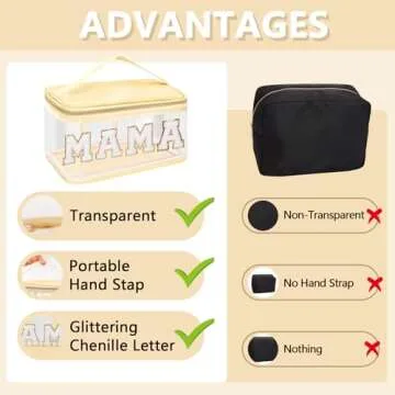 Chenille Letter Patches Clear Makeup Bags Mama Purse Pouch, Preppy Nylon Large Cosmetic Toiletry Storage Bag with Handle Zipper, Waterproof PVC Portable Makeup Travel Pouch for Women Girls(Beige-MAMA)