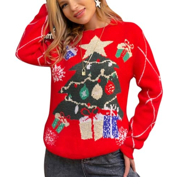 Fashionme Ugly Christmas Sweater for Women, Soft Knit Holiday Jumper Tops with Fun Designs