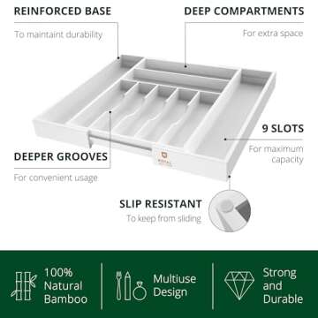 ROYAL CRAFT WOOD Luxury Bamboo Kitchen Drawer Organizer - Silverware Organizer - Utensil Holder and Cutlery Tray with Grooved Drawer Dividers for Flatware and Kitchen Utensils (9 Slot, White)