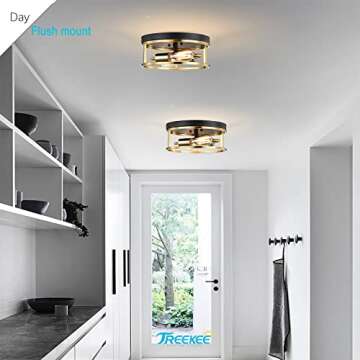Treekee 12" Ceiling Light Fixtures, Flush Mount Lighting Round, Gold Metal Finish, Vintage Retro and Modern Industrial Charm Ceiling Lamp for Bedroom Hallway Foyer Entryway