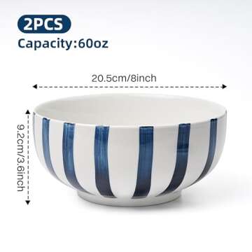 Salad Bowl,Serving Bowls,Soup Bowls, Large Serving Bowl Set of 2,Blue-Striped Ceramic Bowls Serving ...