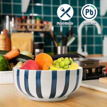 Salad Bowl,Serving Bowls,Soup Bowls, Large Serving Bowl Set of 2,Blue-Striped Ceramic Bowls Serving Dishes for Entertaining,Dishwasher & Microwave Safe.