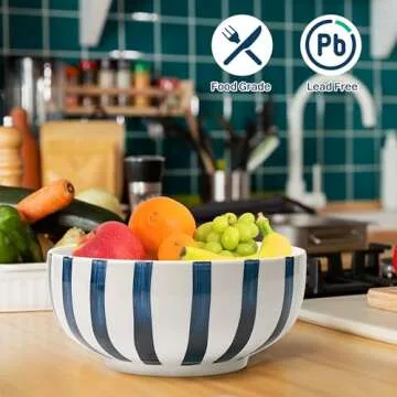 Salad Bowl,Serving Bowls,Soup Bowls, Large Serving Bowl Set of 2,Blue-Striped Ceramic Bowls Serving Dishes for Entertaining,Dishwasher & Microwave Safe.