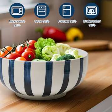 Salad Bowl,Serving Bowls,Soup Bowls, Large Serving Bowl Set of 2,Blue-Striped Ceramic Bowls Serving Dishes for Entertaining,Dishwasher & Microwave Safe.