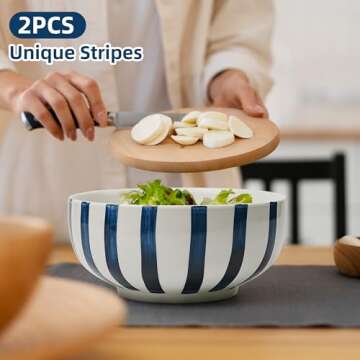 Salad Bowl,Serving Bowls,Soup Bowls, Large Serving Bowl Set of 2,Blue-Striped Ceramic Bowls Serving Dishes for Entertaining,Dishwasher & Microwave Safe.