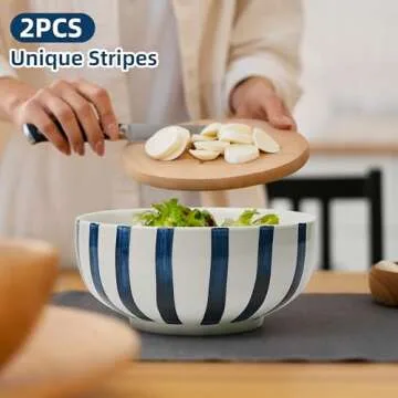 Salad Bowl,Serving Bowls,Soup Bowls, Large Serving Bowl Set of 2,Blue-Striped Ceramic Bowls Serving Dishes for Entertaining,Dishwasher & Microwave Safe.