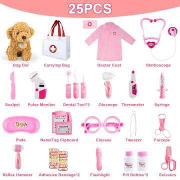 Doctor Kit for Kids, 25 Pcs Kids Doctors Play Set, Doctor Kit for Toddlers with Dog Toy,Storage Bag, Stethoscope Toy, Dress Up Costume and Accessories,Pretend Play Medical Kit for Toddlers Ages 3-6
