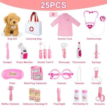 Doctor Kit for Kids, 25 Pcs Kids Doctors Play Set, Doctor Kit for Toddlers with Dog Toy,Storage Bag, Stethoscope Toy, Dress Up Costume and Accessories,Pretend Play Medical Kit for Toddlers Ages 3-6