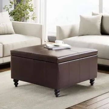 HUIMO Square Leather Storage Ottoman,Ottoman Coffee Table with Storage,Oversized Ottoman,Tufted Storage Ottoman for Living Room (Brown)