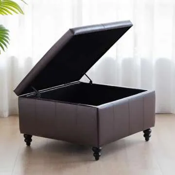 HUIMO Square Leather Storage Ottoman,Ottoman Coffee Table with Storage,Oversized Ottoman,Tufted Storage Ottoman for Living Room (Brown)