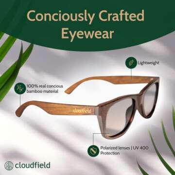 cloudfield Wood Frame Sunglasses for Men and Women with 9-Layer Polarized Lenses and Double Layer of UV Blocking Coating