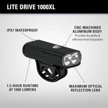 LEZYNE Lite Drive 1000XL Bicycle Durable USB Rechargeable IPX7 Waterproof White LEDs Front Light w/Multiple Solid & Flash Modes | Rubber Mounting Strap Included, Matte Black, 1000 Lumens/Micro USB