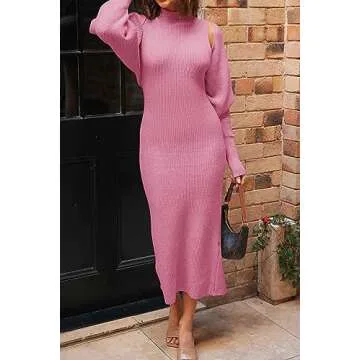 PRETTYGARDEN Womens Fall 2 Piece Outfits Bodycon Maxi Tank Pullover Sweater Dress and Long Sleeve Cropped Cardigan Knit Sets (Pink,Medium)