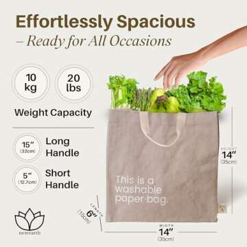Washable Paper Bag - Eco-Statement Tote Bag for Grocery or Work - Replaces Single-Use Bags - Lightweight & Durable Travel Tote by New Earth, Grey
