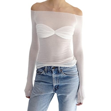 Y2K White Off Shoulder Shirt Women's Streetwear Blouse