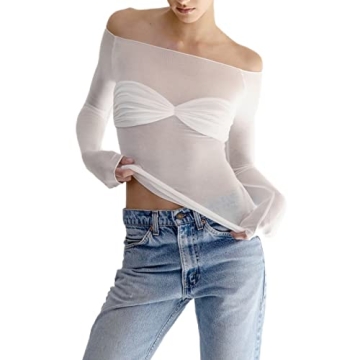 Y2K White Off Shoulder Shirt Women's Streetwear Blouse
