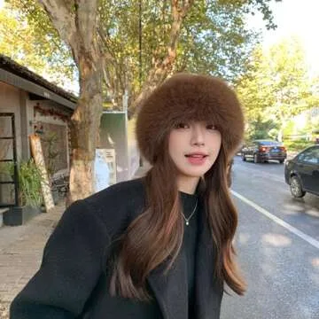 Womens Winter Faux Fur Bucket Hat, Warm Faux Mink Plush Hat Fluffy Fisherman Fuzzy Bucket Hat Russian Hat for Outdoor Brown