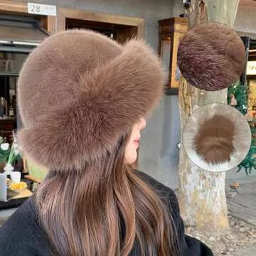 Womens Winter Faux Fur Bucket Hat, Warm Faux Mink Plush Hat Fluffy Fisherman Fuzzy Bucket Hat Russian Hat for Outdoor Brown