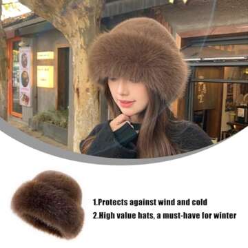 Womens Winter Faux Fur Bucket Hat, Warm Faux Mink Plush Hat Fluffy Fisherman Fuzzy Bucket Hat Russian Hat for Outdoor Brown