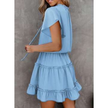 Dokotoo Womens Juniors Cute Spring Casual Summer Sexy Deep V Neck Ruffle Chiffon Lantern Short Sleeve Elegant Empire Waist Flowy Pleated Mini Short Skirt Dresses for Women Party 2024 Blue Small