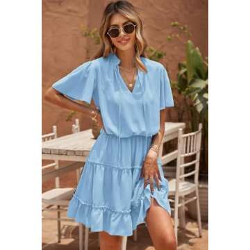 Dokotoo Womens Juniors Cute Spring Casual Summer Sexy Deep V Neck Ruffle Chiffon Lantern Short Sleeve Elegant Empire Waist Flowy Pleated Mini Short Skirt Dresses for Women Party 2024 Blue Small