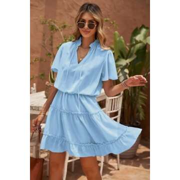 Dokotoo Womens Juniors Cute Spring Casual Summer Sexy Deep V Neck Ruffle Chiffon Lantern Short Sleeve Elegant Empire Waist Flowy Pleated Mini Short Skirt Dresses for Women Party 2024 Blue Small